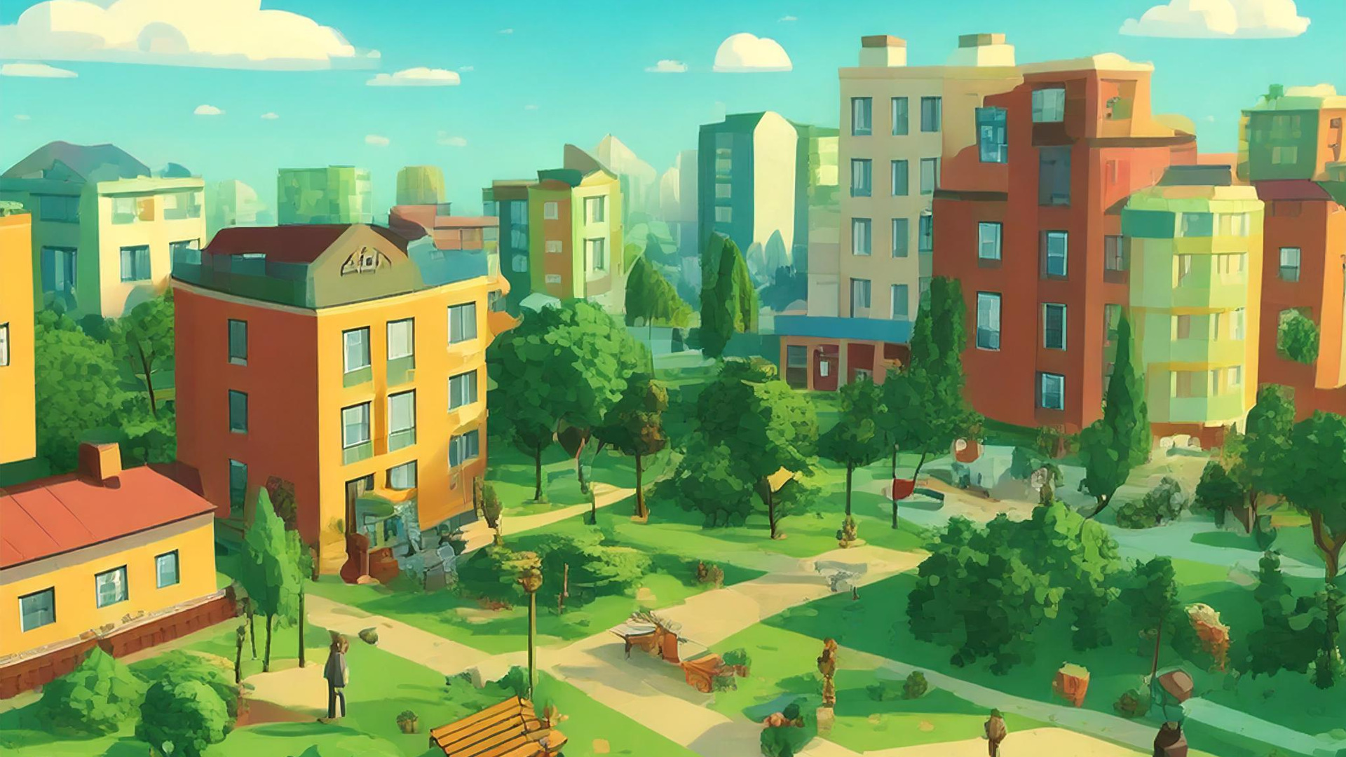 Firefly En tecknad områdesbild med fastigheter i kvarter med träd och buskar, en lekplats, ett litet.jpg